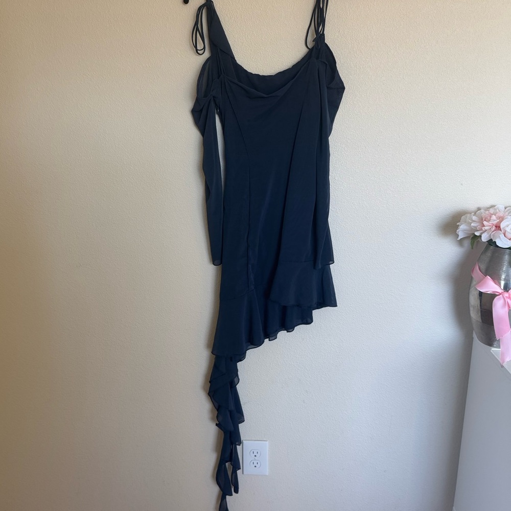 House of CB Kiki French Navy Ruffle Mini Dress Blue XS Tall Asymmetrical Mesh - Picture 6 of 10